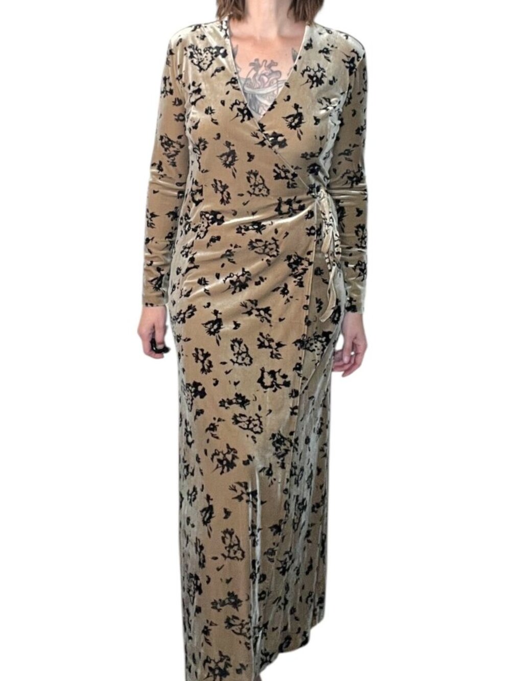 Vintage Isabella Bird Velvet Floral Maxi Wrap Dress Tan Black Small